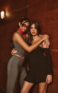 Charcoal Stretch Woven Tailored One Shoulder Button Long Top