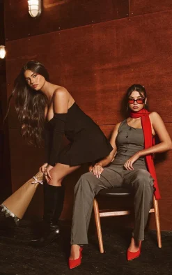 Charcoal Stretch Woven Tailored One Shoulder Button Long Top