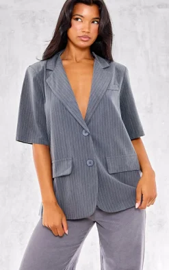 Charcoal Striped Short Sleeve Oversized Blazer