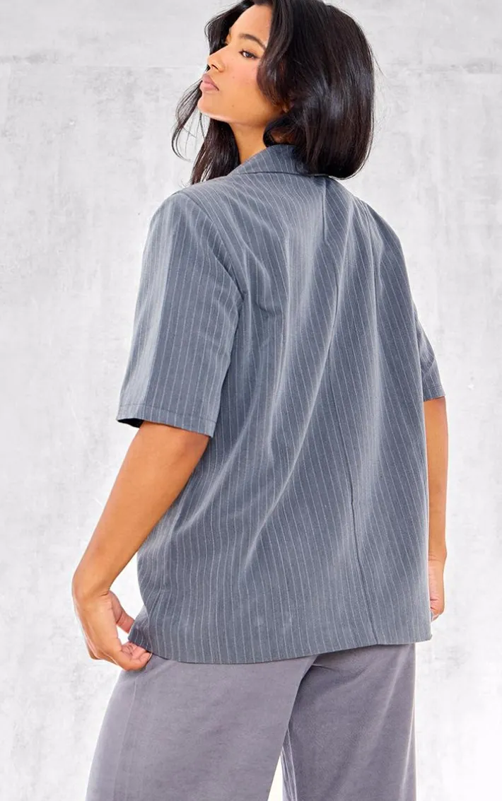Charcoal Striped Short Sleeve Oversized Blazer