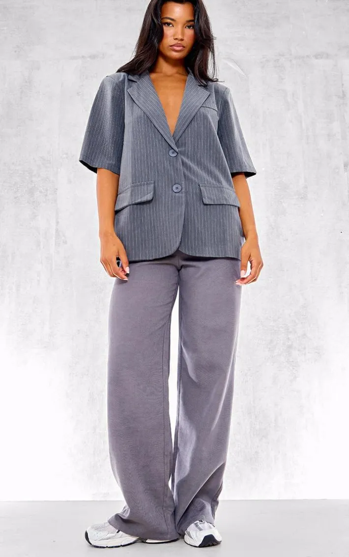 Charcoal Striped Short Sleeve Oversized Blazer