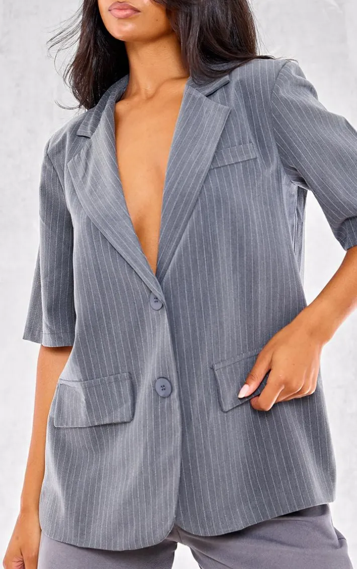 Charcoal Striped Short Sleeve Oversized Blazer