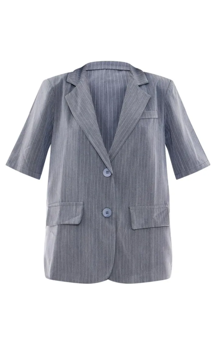 Charcoal Striped Short Sleeve Oversized Blazer