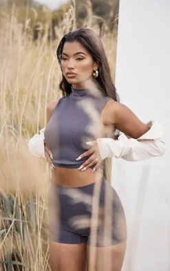 Charcoal Structured Contour Sleeveless High Neck Crop Top