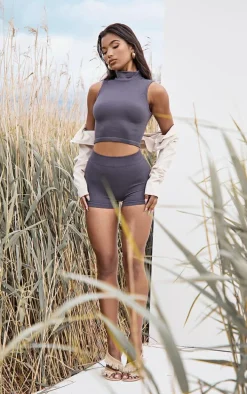 Charcoal Structured Snatched Rib Hot Pants