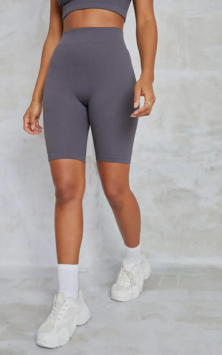 Charcoal Structured Snatched Rib Bike Shorts