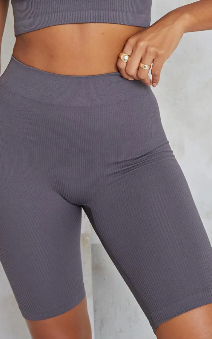 Charcoal Structured Snatched Rib Bike Shorts