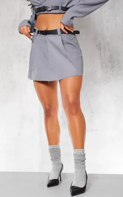 Charcoal Tailored Belted Pleated Mid Rise Micro Mini Skirt