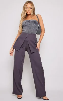 Charcoal Tailored Skirt Overlay Straight Leg Pants