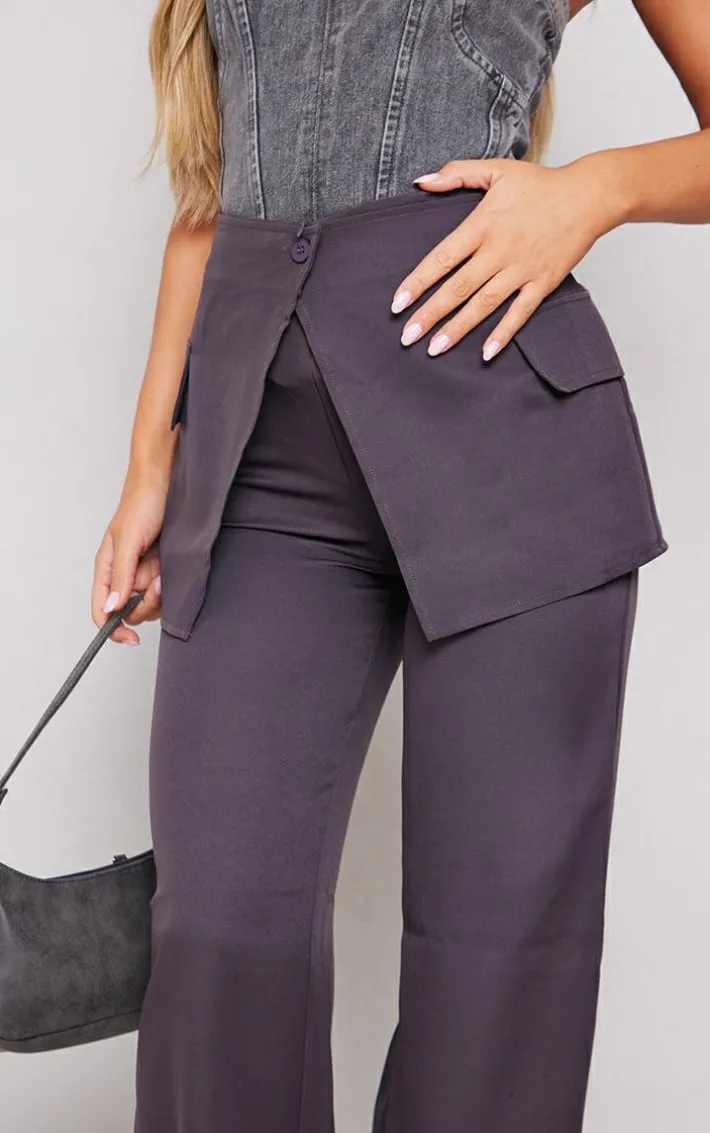 Charcoal Tailored Skirt Overlay Straight Leg Pants