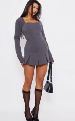 Charcoal Tailored Square Neck Woven Pleated Skort Romper