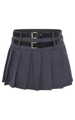 Charcoal Tailored Woven Double Belt Micro Mini Skater Skirt
