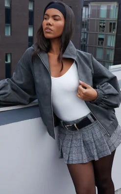 Charcoal Textured Faux Leather High Neck Bomer Jacket