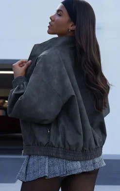 Charcoal Textured Faux Leather High Neck Bomer Jacket