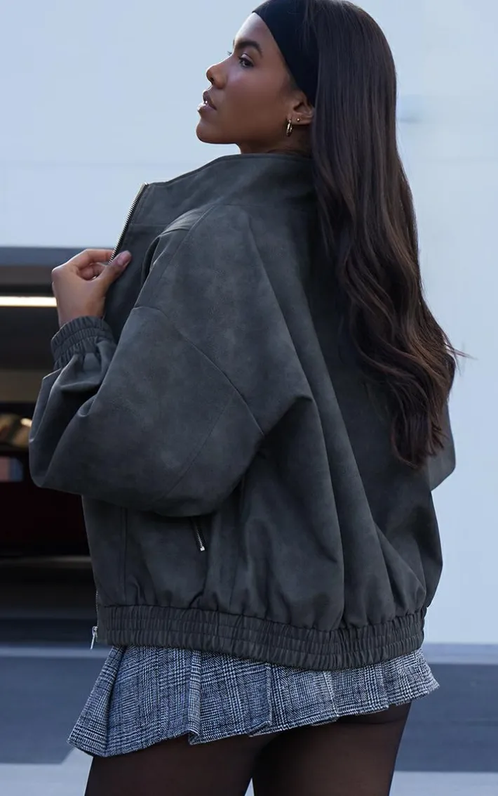 Charcoal Textured Faux Leather High Neck Bomer Jacket