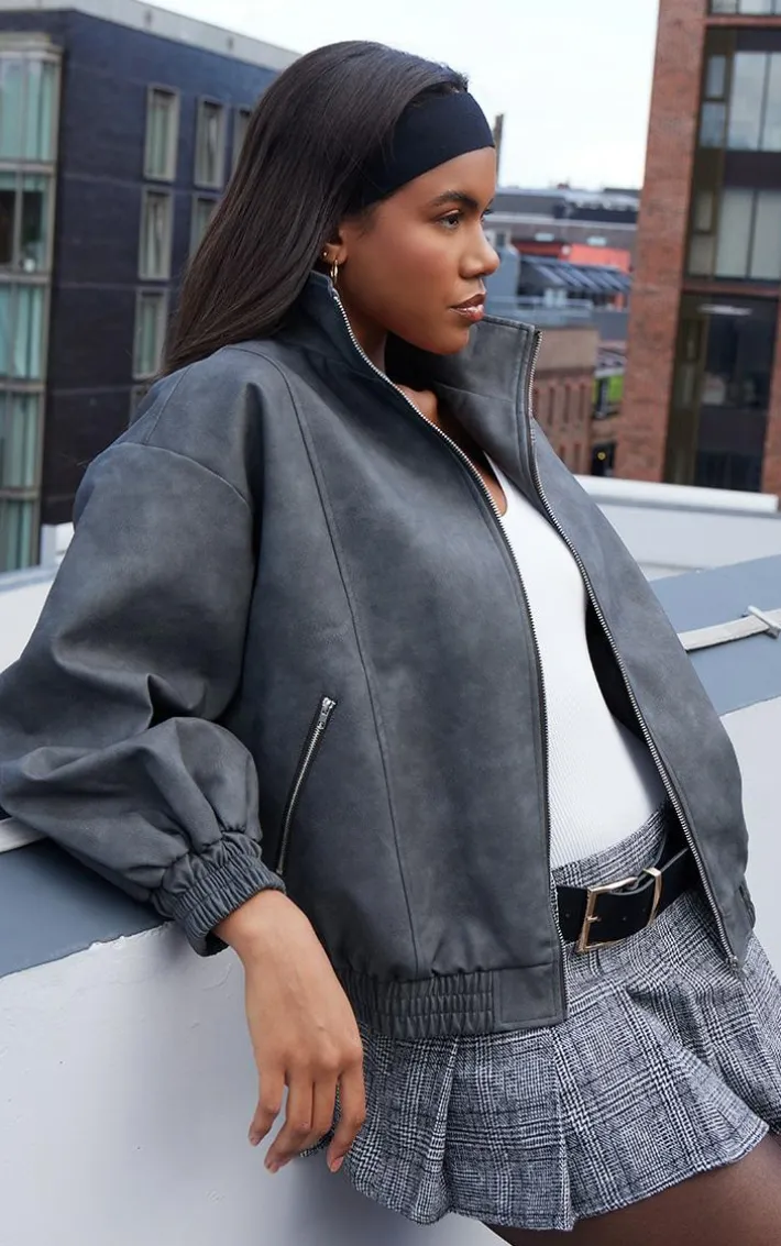 Charcoal Textured Faux Leather High Neck Bomer Jacket