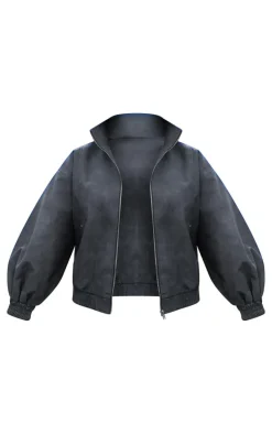 Charcoal Textured Faux Leather High Neck Bomer Jacket