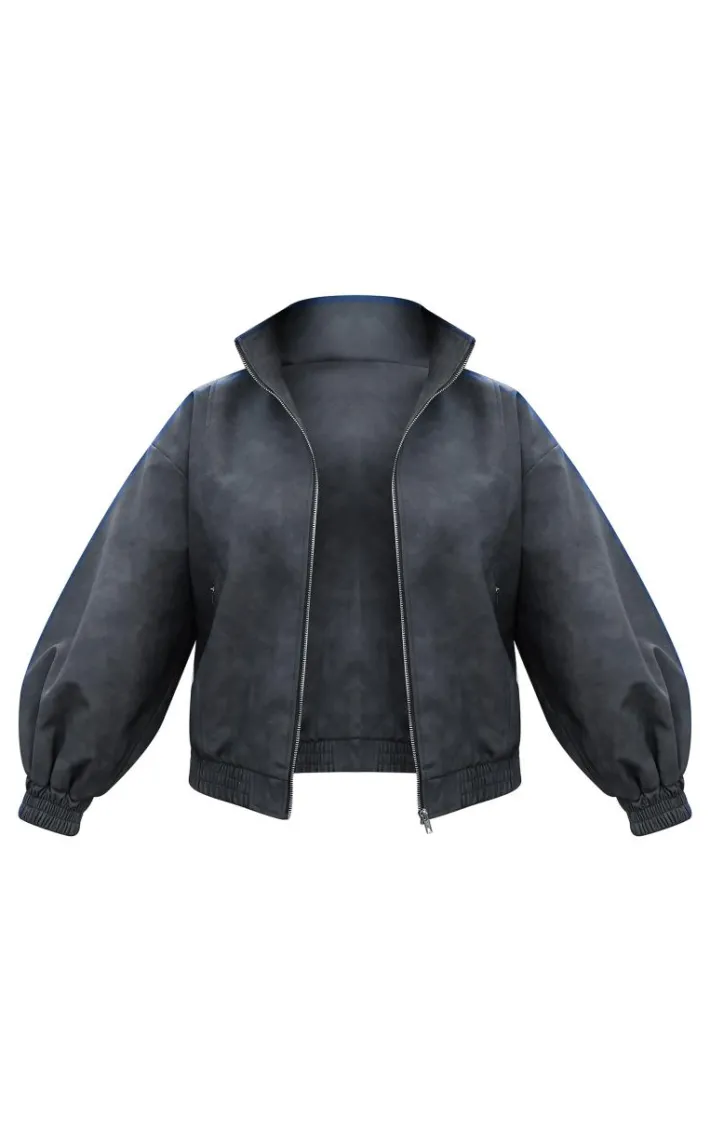 Charcoal Textured Faux Leather High Neck Bomer Jacket