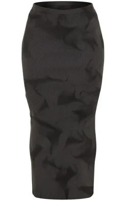 Charcoal Tie Dye Rib Knit Side Split Maxi Skirt