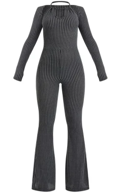 Charcoal Two Tone Halterneck Detail Flare Leg Jumpsuit