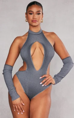 Charcoal Two Tone Knit Cut Out Bodysuit With Sleeves