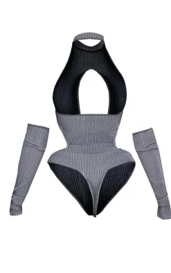 Charcoal Two Tone Knit Cut Out Bodysuit With Sleeves