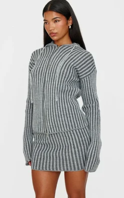 Charcoal Two Tone Knitted Zip Up Cardigan