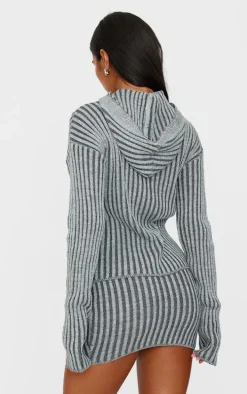 Charcoal Two Tone Knitted Zip Up Cardigan