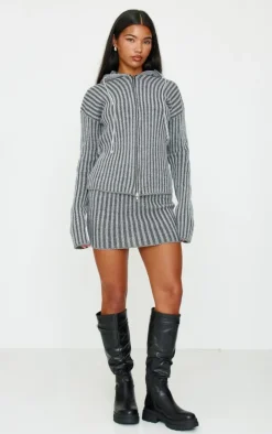 Charcoal Two Tone Knitted Zip Up Cardigan