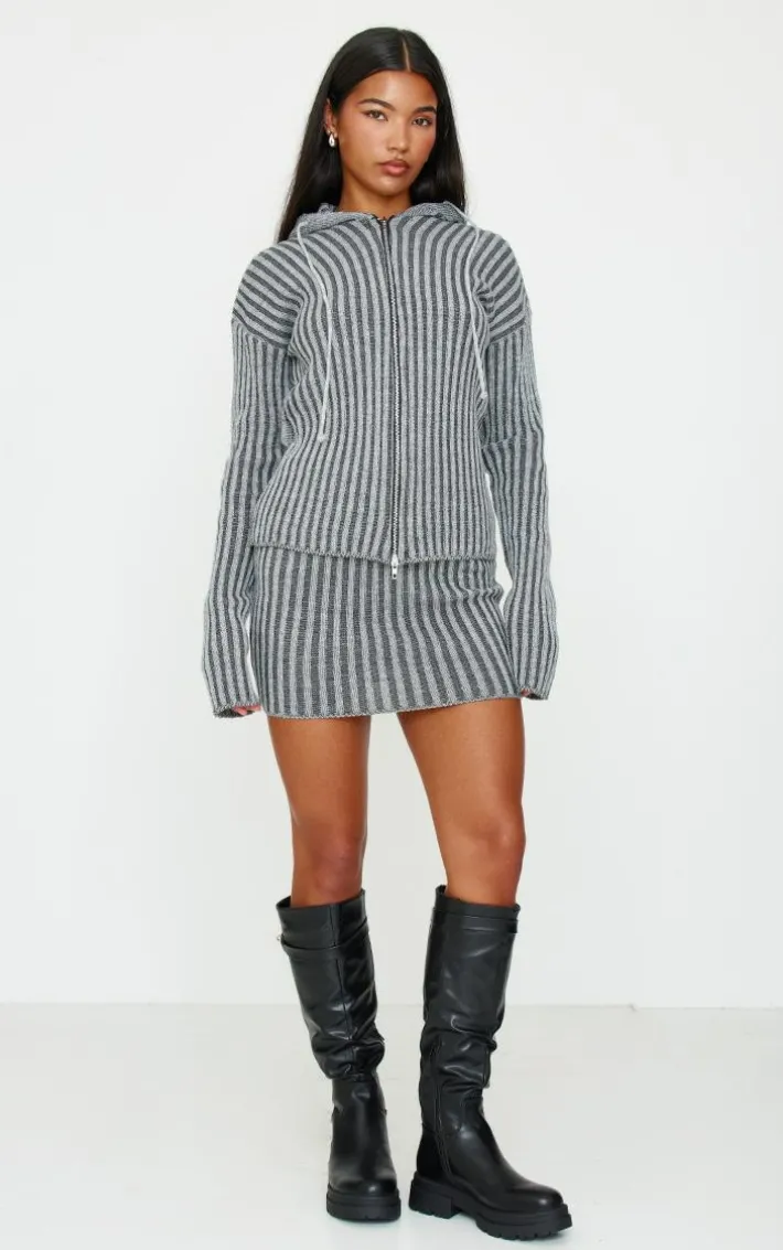 Charcoal Two Tone Knitted Zip Up Cardigan