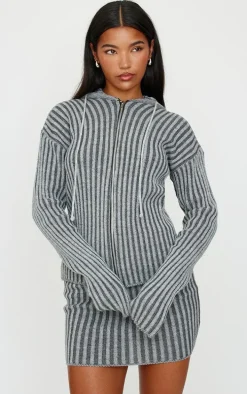 Charcoal Two Tone Knitted Zip Up Cardigan