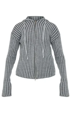 Charcoal Two Tone Knitted Zip Up Cardigan