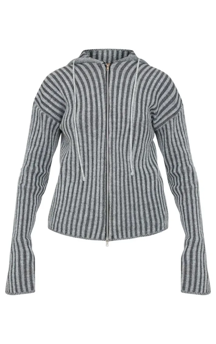 Charcoal Two Tone Knitted Zip Up Cardigan