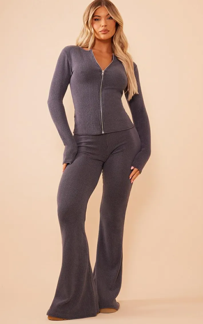 Charcoal Two Tone Rib High Waist Flares