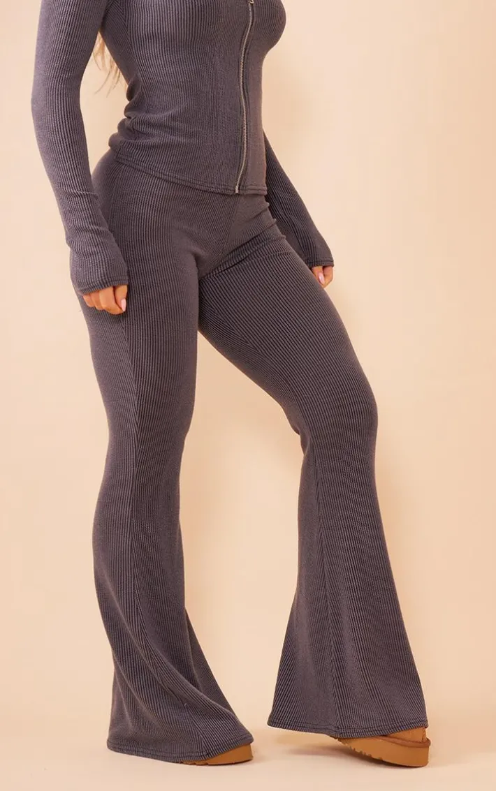 Charcoal Two Tone Rib High Waist Flares