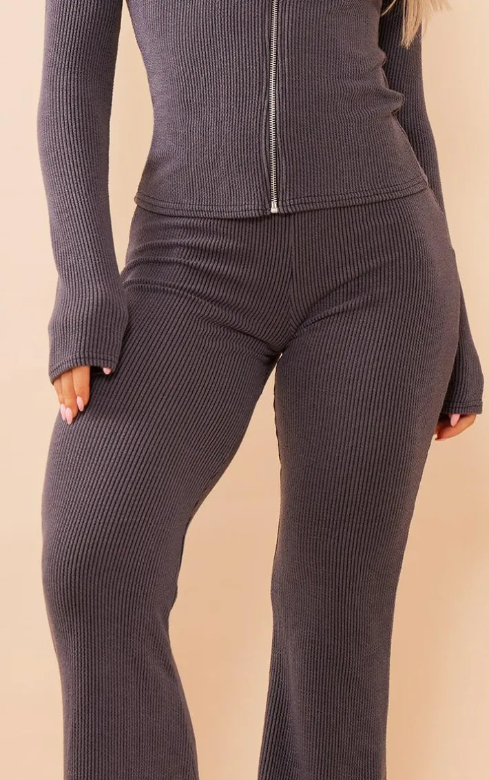 Charcoal Two Tone Rib High Waist Flares
