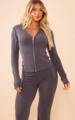 Charcoal Two Tone Rib Longline Zip Up Top