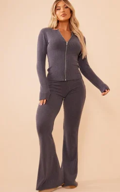 Charcoal Two Tone Rib Longline Zip Up Top