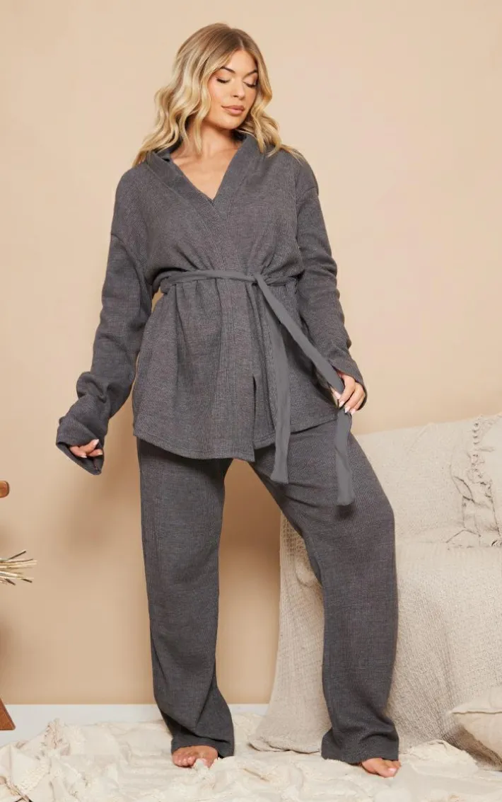 Charcoal Waffle Tie Waist Robe