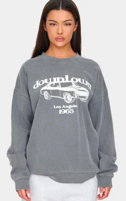 Charcoal Washed Downtown Car Printed Sweatshirt