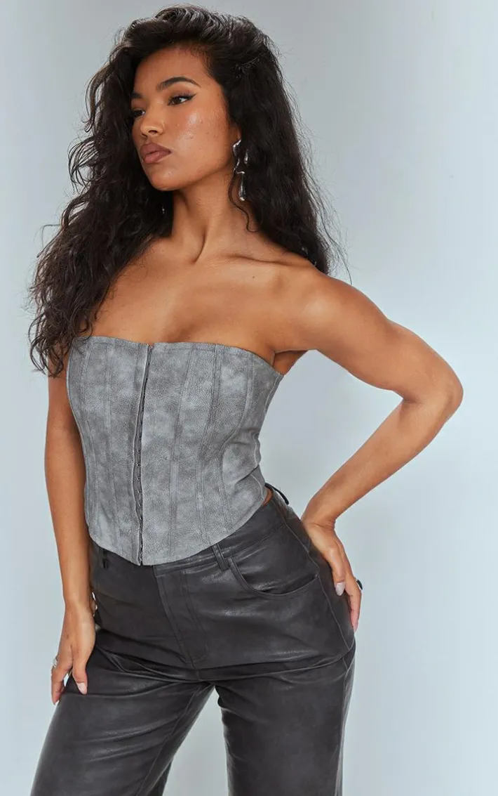 Charcoal Washed Faux Leather Hook And Eye Structured Corset