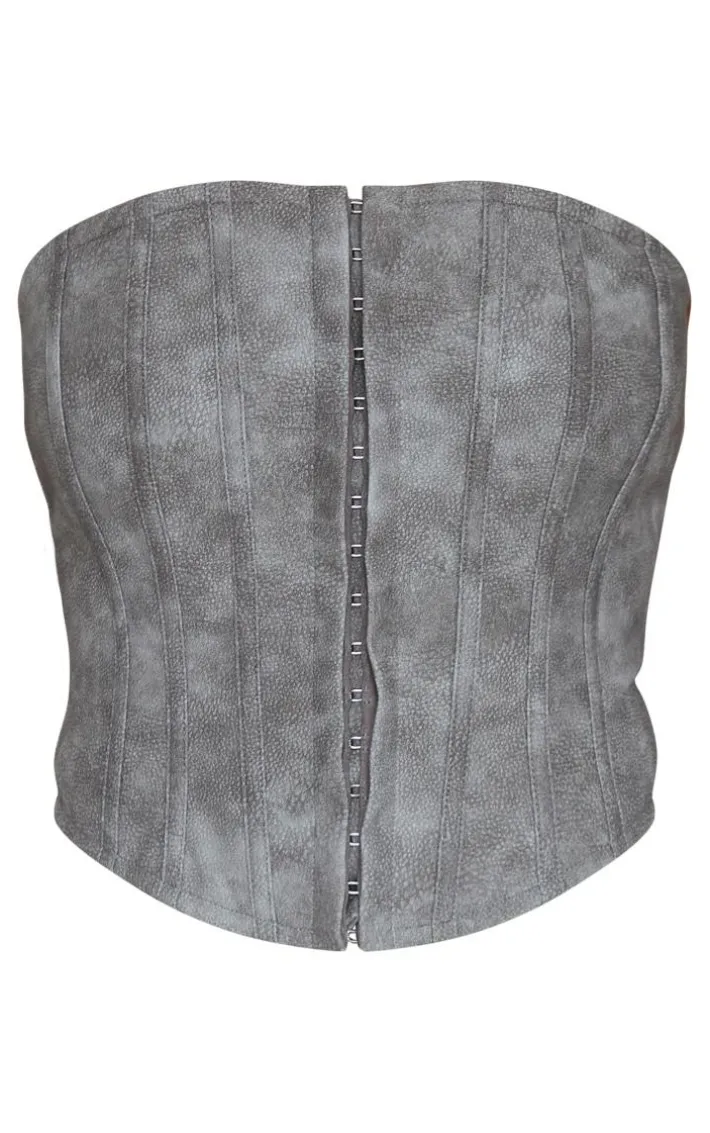 Charcoal Washed Faux Leather Hook And Eye Structured Corset