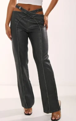 Charcoal Washed Faux Leather Cut Out Belt Pintuck Pants