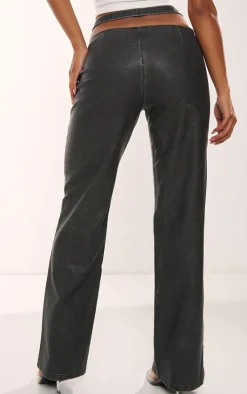 Charcoal Washed Faux Leather Cut Out Belt Pintuck Pants