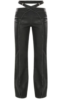 Charcoal Washed Faux Leather Cut Out Belt Pintuck Pants