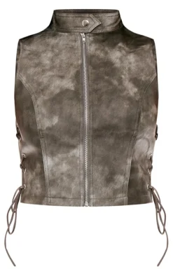 Charcoal Washed Faux Leather High Neck Sleeveless Lace Side Top