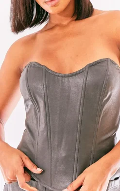 Charcoal Washed Faux Leather Boned Seam Detail Bandeau Corset