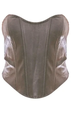 Charcoal Washed Faux Leather Boned Seam Detail Bandeau Corset