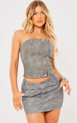 Charcoal Washed Faux Leather Jean Detail Corset Bandeau