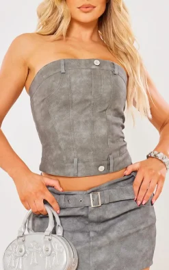 Charcoal Washed Faux Leather Jean Detail Corset Bandeau